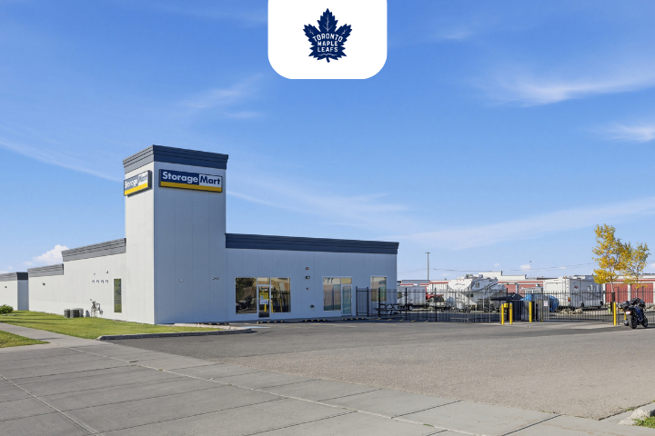 Facility exterior with Toronto Maple Leafs logo for StorageMart in Airdrie, Alberta